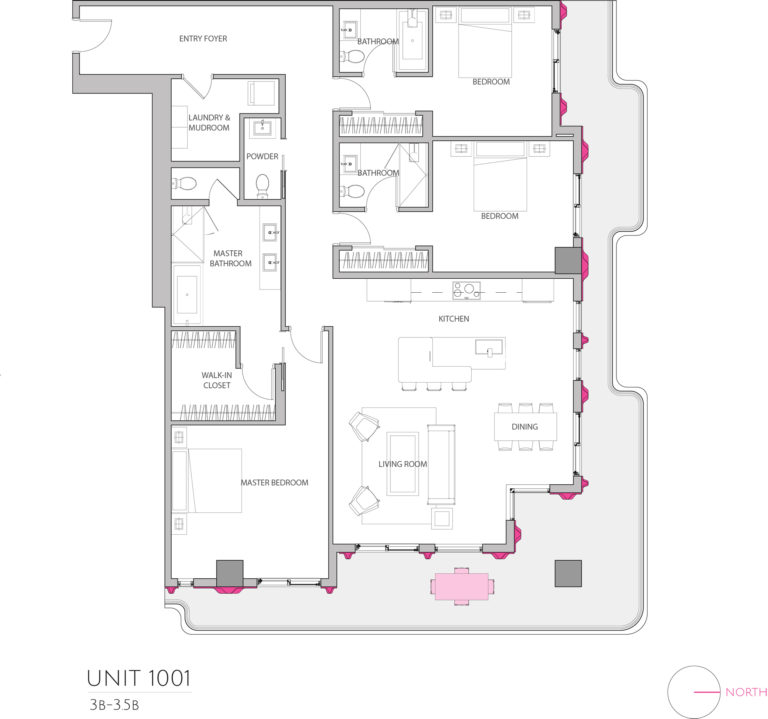 UNIT 1001 floor plan highlights this 3bedroom luxury condominium's floor plan