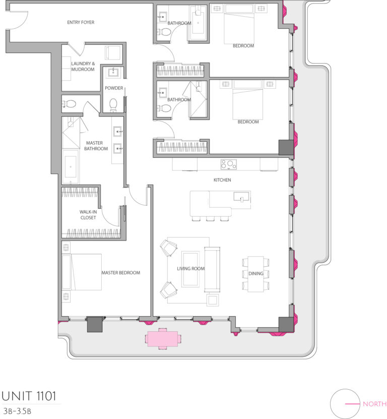 UNIT 1101 floor plan highlights this 3 bedroom residence's floor plan