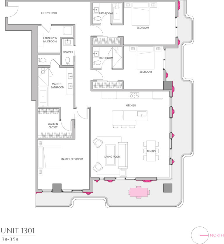 UNIT 1301 floor plan shows this 3 bedroom condominiums floor plan