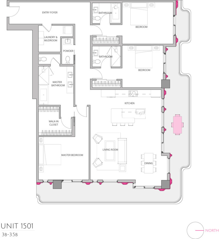 UNIT 1501 floor plan details the 3 bedroom luxury condominium's floor plan