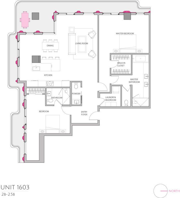 UNIT 1603 floor plan highlights the 2 bedroom luxury condo apartment residence's floor plan