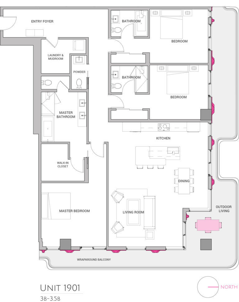 UNIT 1901 floor plan shows 3 bedroom luxury apartment's floor plan